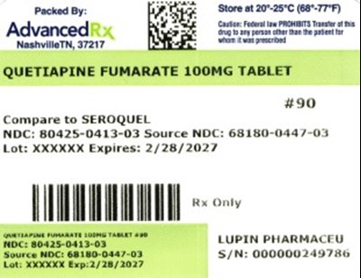 Quetiapine Fumarate 100mg #90 (Quetiapine Fumarate 100mg Ndc 80425 0413 03)